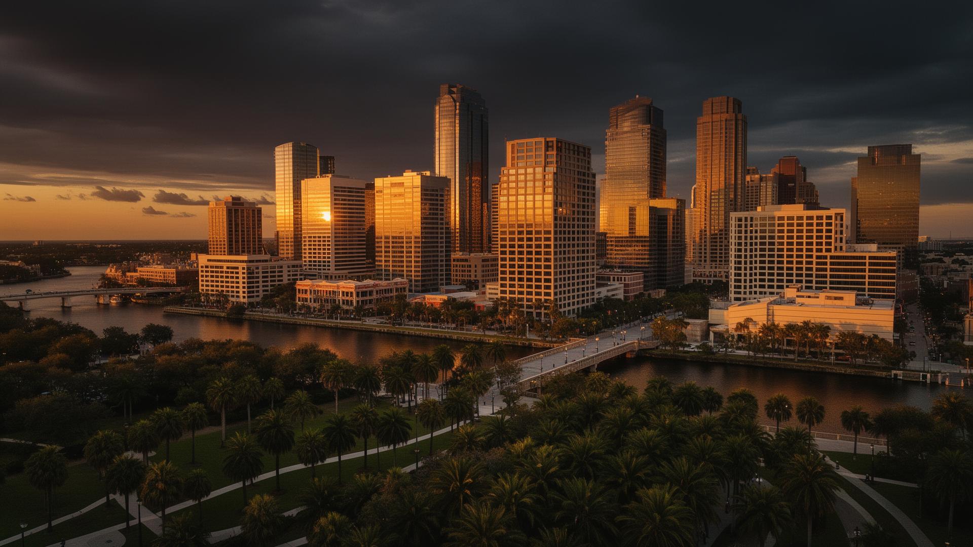 Downtown Tampa skyline at sunset over the Hillsborough River